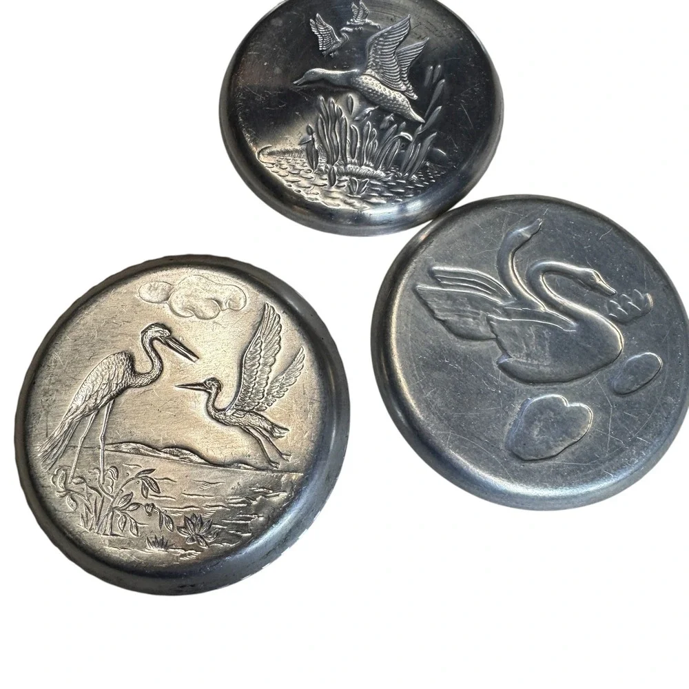 Vintage Pewter Coasters‎ Set of 7 Birds Geese Duck Crane Swan Embossed Drinkware
